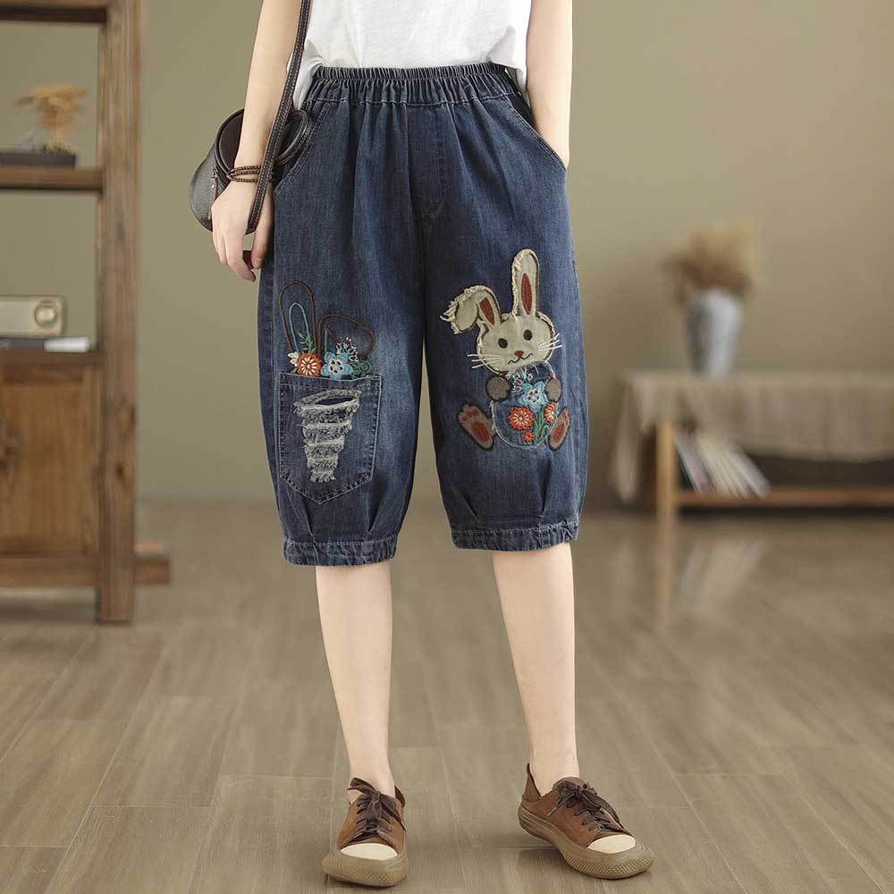 Summer Cartoon Ethnic Embroidery Denim Shorts for Women Loose Casual Drawstring Harem 5 Minute Mid Length Pants