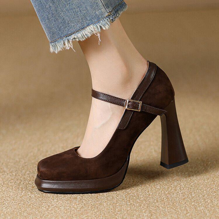Retro wodoodporna platforma gruby obcas wysokie obcasy pasek z klamrą na jedno słowo kwadratowy nosek Mary Jane model wybieg cheongsam pojedyncze buty damskie brązowe