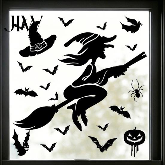 Living Room Wall Murals Halloween Static Sticker, with Witch/Ghost/Castle/Bat Horror Silhouette Patterns, Durable PVC Theme Home Decor Decals,