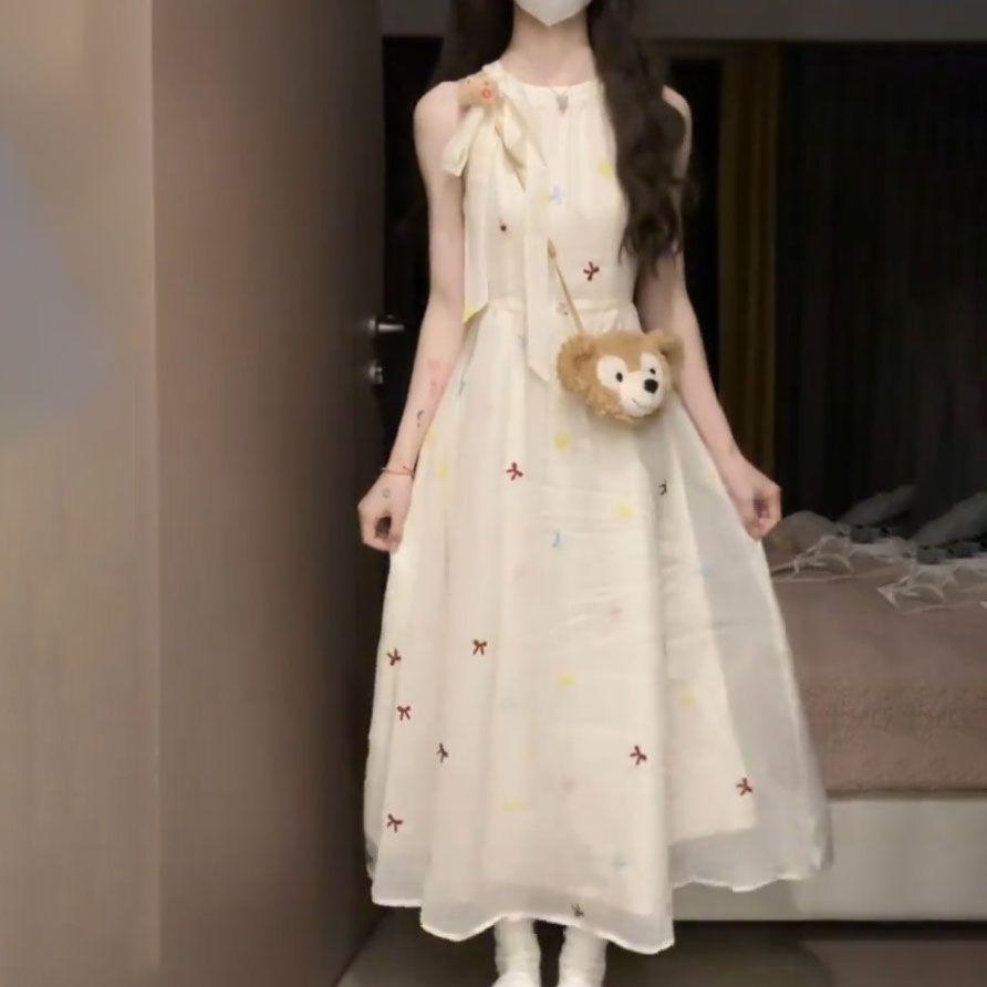 Bow sweet and gentle off-the-shoulder sleeveless dress women's summer thin waist and thin temperament versatile long skirt