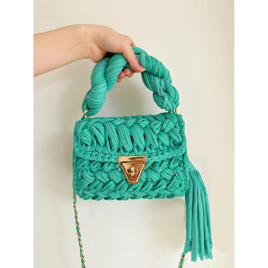 Fashion Wool Knitting Handmade Crochet Shoulder Bag Tassel Fabric Bags for Women Designer Thread Crossbody Fin Bag