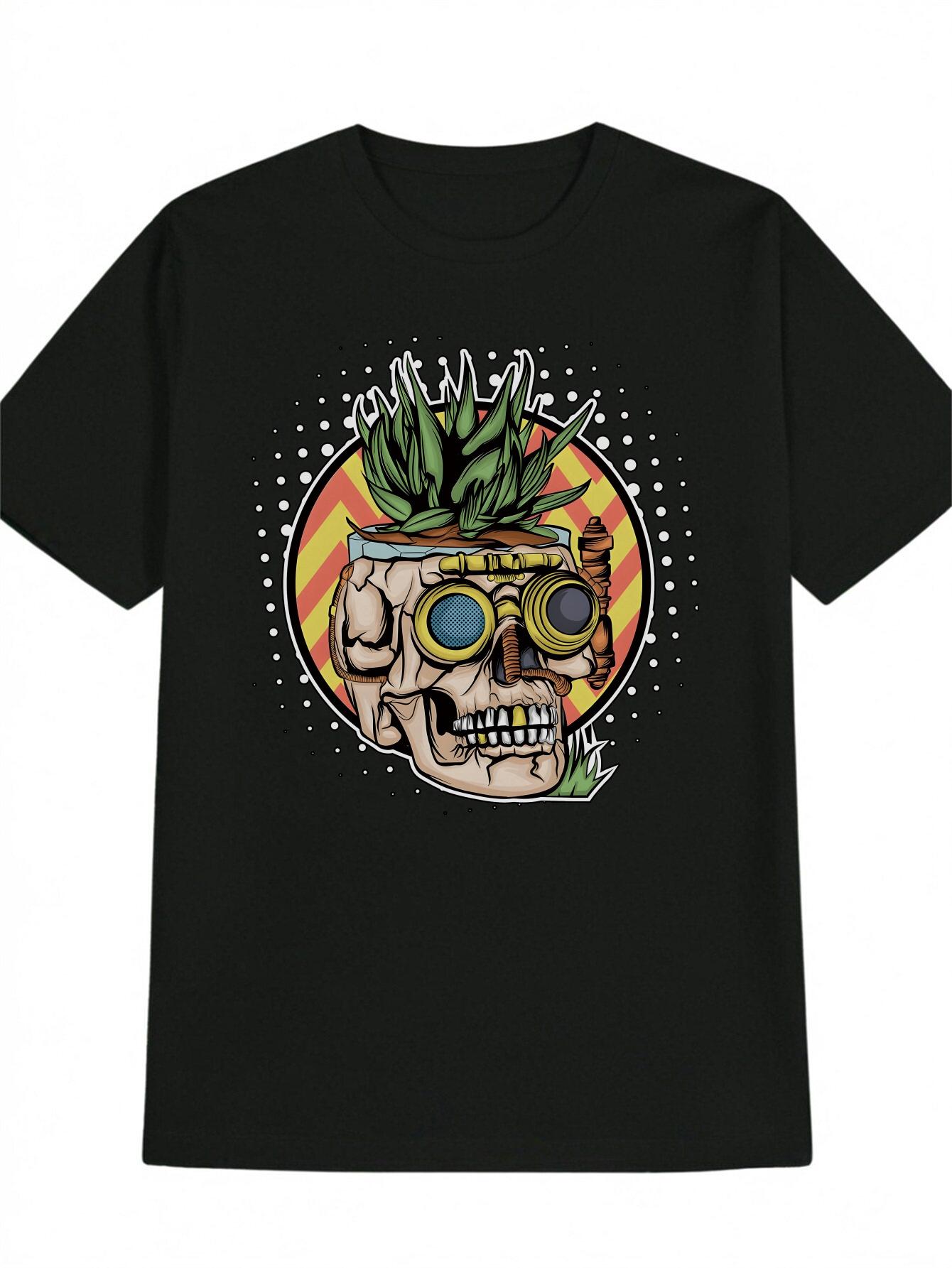 Casual Skull & Succulent Plant Graphic T-shirt - Green Crew Neck M