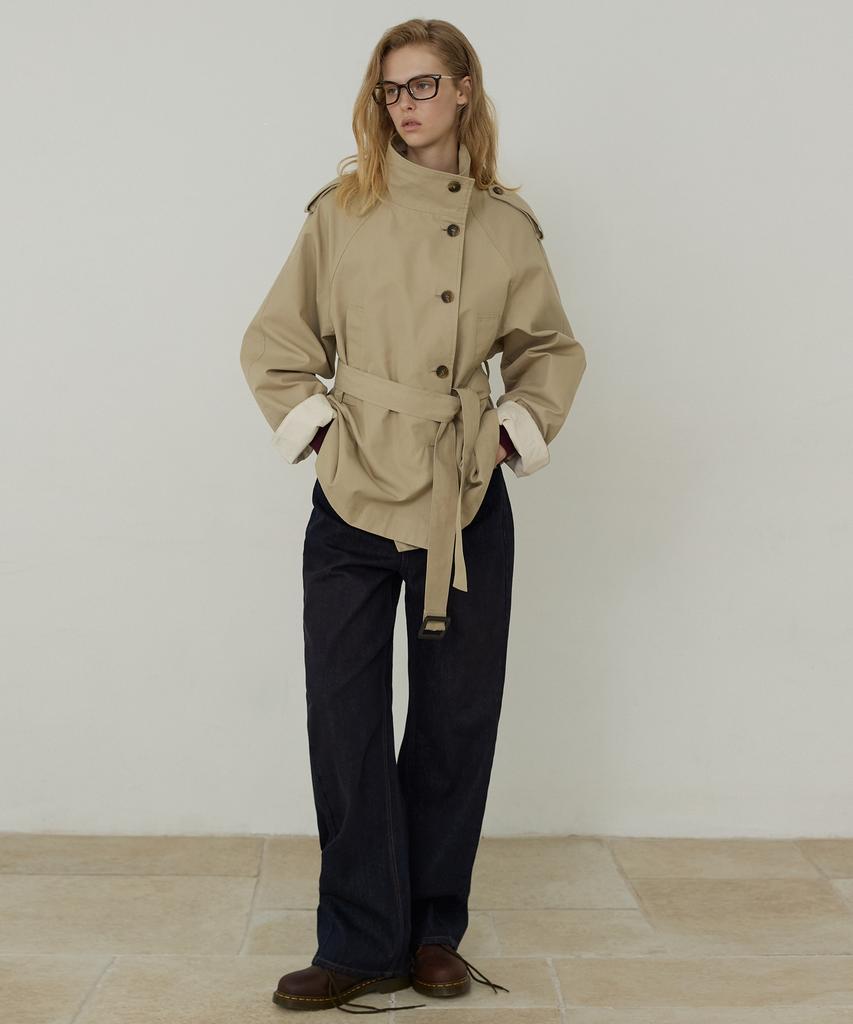 CITYBREEZE High-Neck Belted Half Trench Coat_Beige