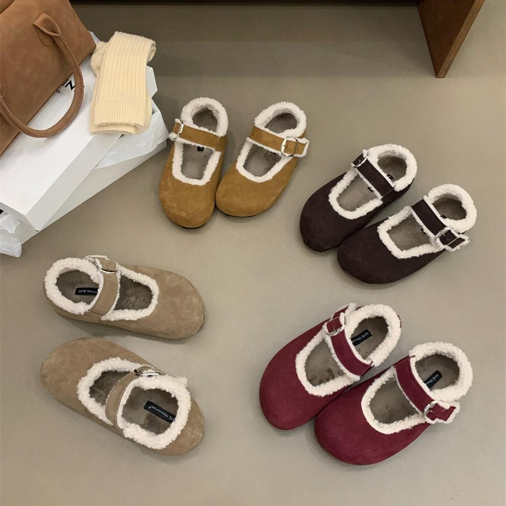2025 Autumn and Winter New Round Head Thick-soled Matte Leather One-word Fluffy Warm Boken Casual Women's Shoes