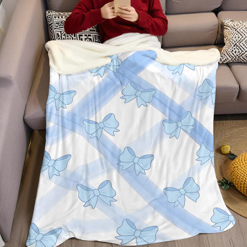 Blue Bows and Ribbons Flannel Blanket Warm Soft Halloween Christmas Couch Warm Cozy Decorative Decor Gift for All Season