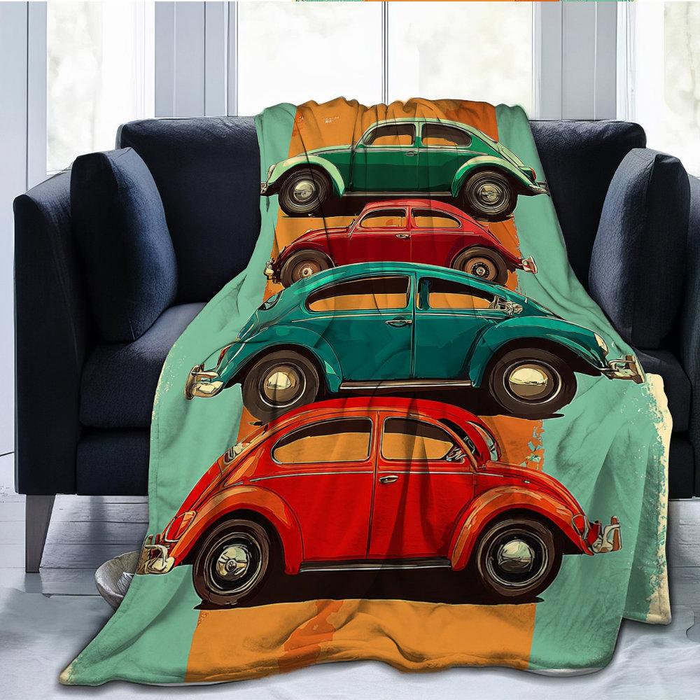 Retro Beetle Car Theme Flannel printed blanket suitable for all seasons suitable for living room office sofa and travel