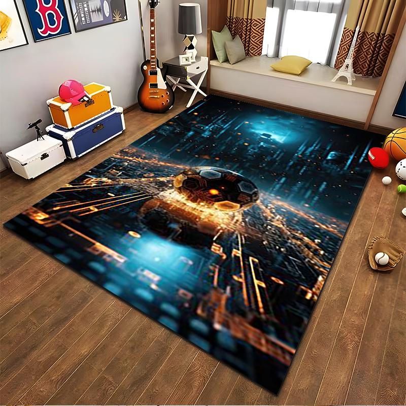 Futuristic Sci-Fi Cityscape with Glowing Soccer Ball Pattern Carpet Suitable for Use As an Anti-slip for Living Room Bedroom Sofas