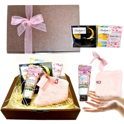 [Kose Precious Garden Hand Cream, Imabari Towel Handkerchief, and Nemune Bath Salts Set] Made In Japan. A Thoughtful and Cute Gift for Transfers, Relo