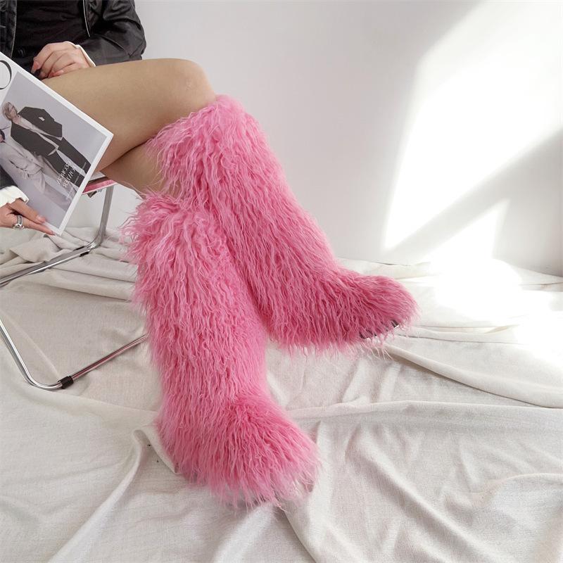 Faux Fur Snow Boot for Women Winter Warm Fluffy Long Furry Long Boots Women's Outdoor Fuzzy Knee-High Boots Plush Warm Snow Shoes for Outdoor Indoor
