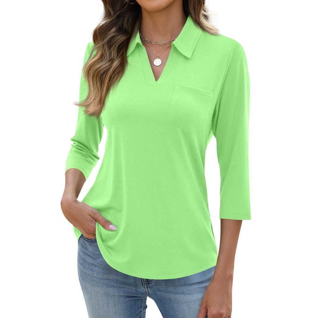 Women's Fashion Casual Lapel Short 3/4 Sleeve Color Shirt Women's Up Tops