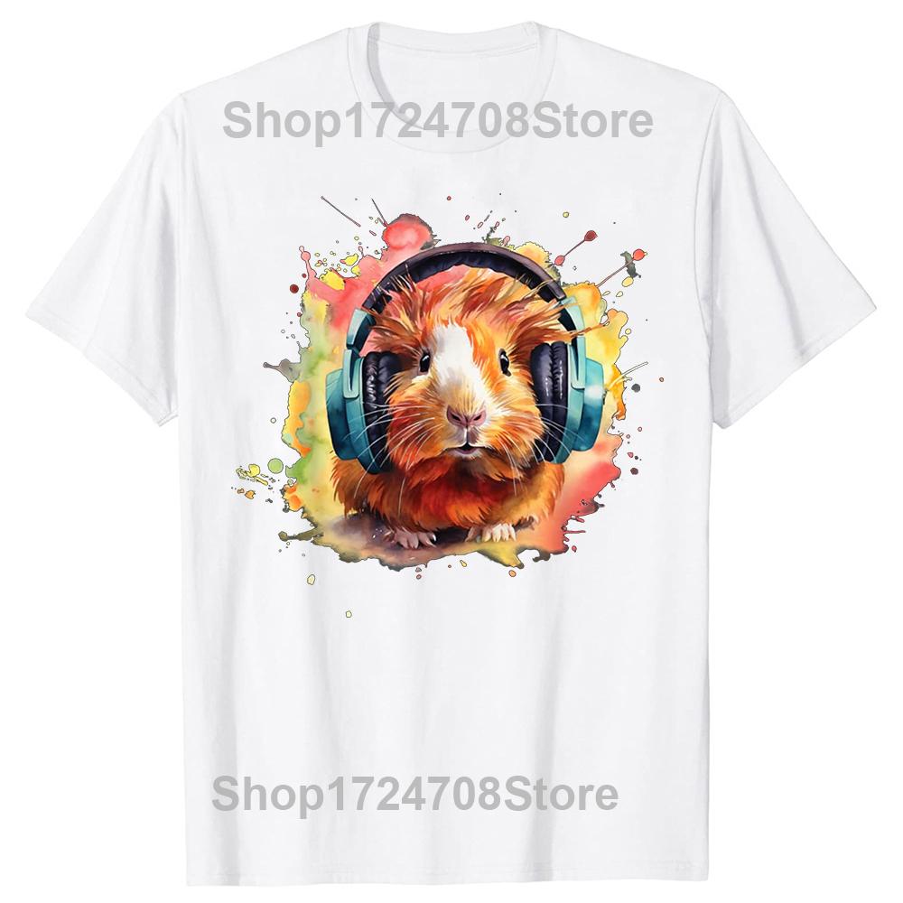 Watercolor Headphones Funny Guinea Pig Pet Owner Tee Tops Round Neck ShortSleeve Fashion Tshirt Clothing Casual Basic Tshirts S