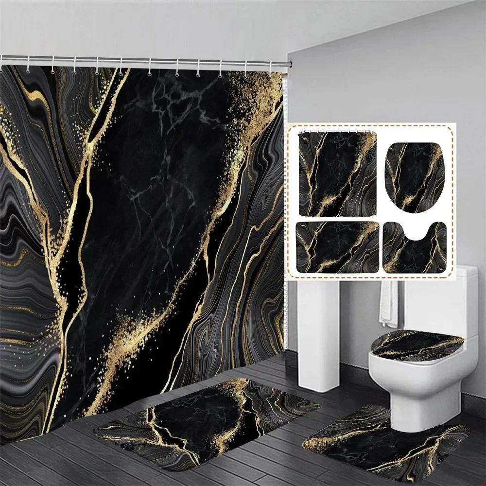 Abstract Pink Marble Shower Curtain Set Gold Textured Modern Geometric Ink Art Bathroom Decor Door Rug Bath Mat Toilet Lid Cover