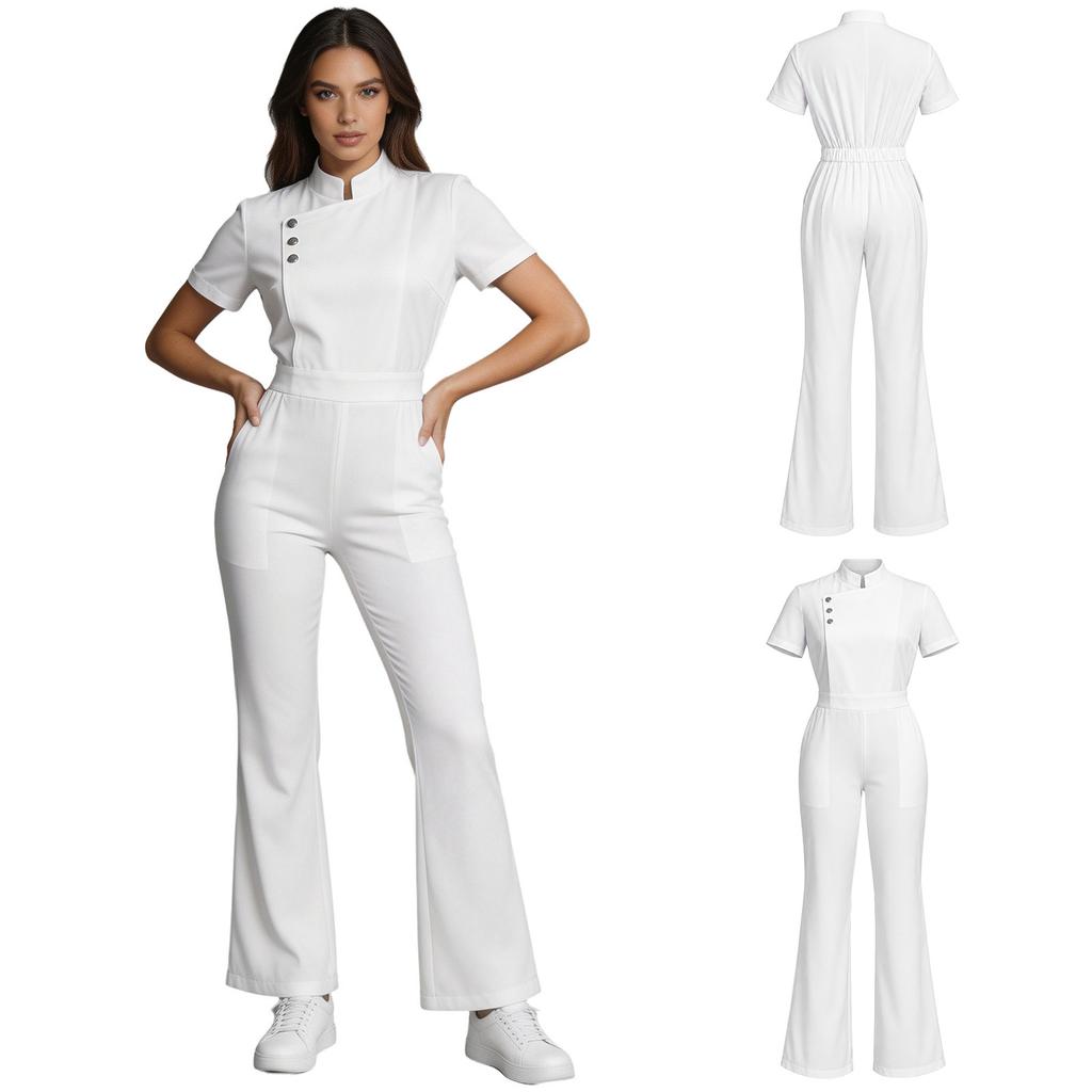 Women Medical Scrubs Jumpsuit Short Sleeve Stand Collar Press Button Side Zipper Elastic Waist Bodysuit with Pockets for Clinic Doctors