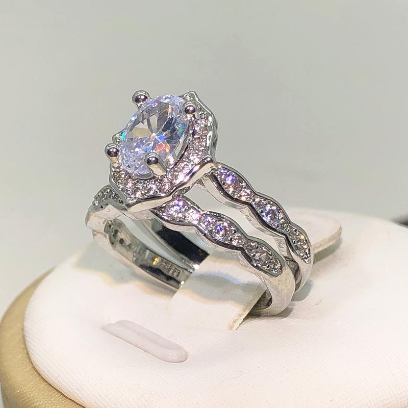 925 Silver New Arrival Four Claw Round Zircon Double Rings For Ladies Party Birthday Jewelry Gift