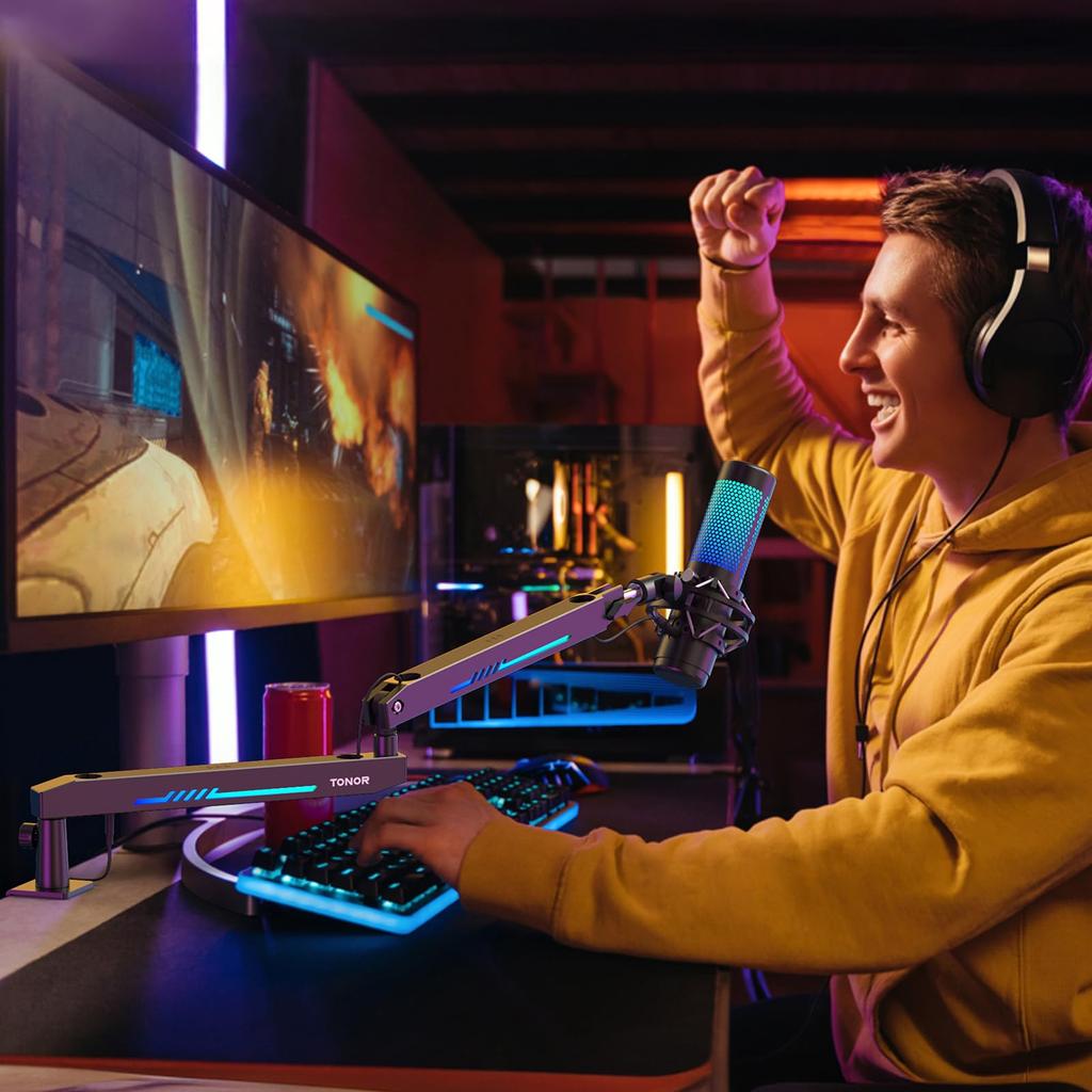 TONOR T90LP Metal Microphone Arm, Tabletop Microphone Stand with Controllable RGB Lighting and Cable Management, Compatible with HyperX Quadcast and