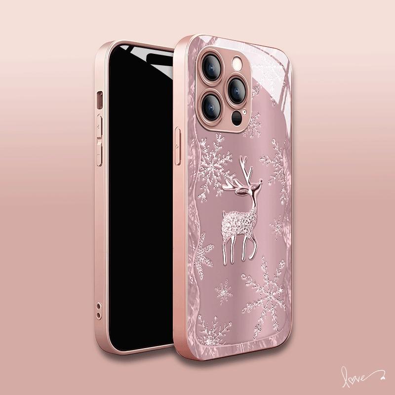 Cute Snowflake Deer Pattern Metallic Paint Glass Hard Phone Case For iPhone 17 Pro Max 11 12 13 14 15 16 Plus 17 Air 16E Cover