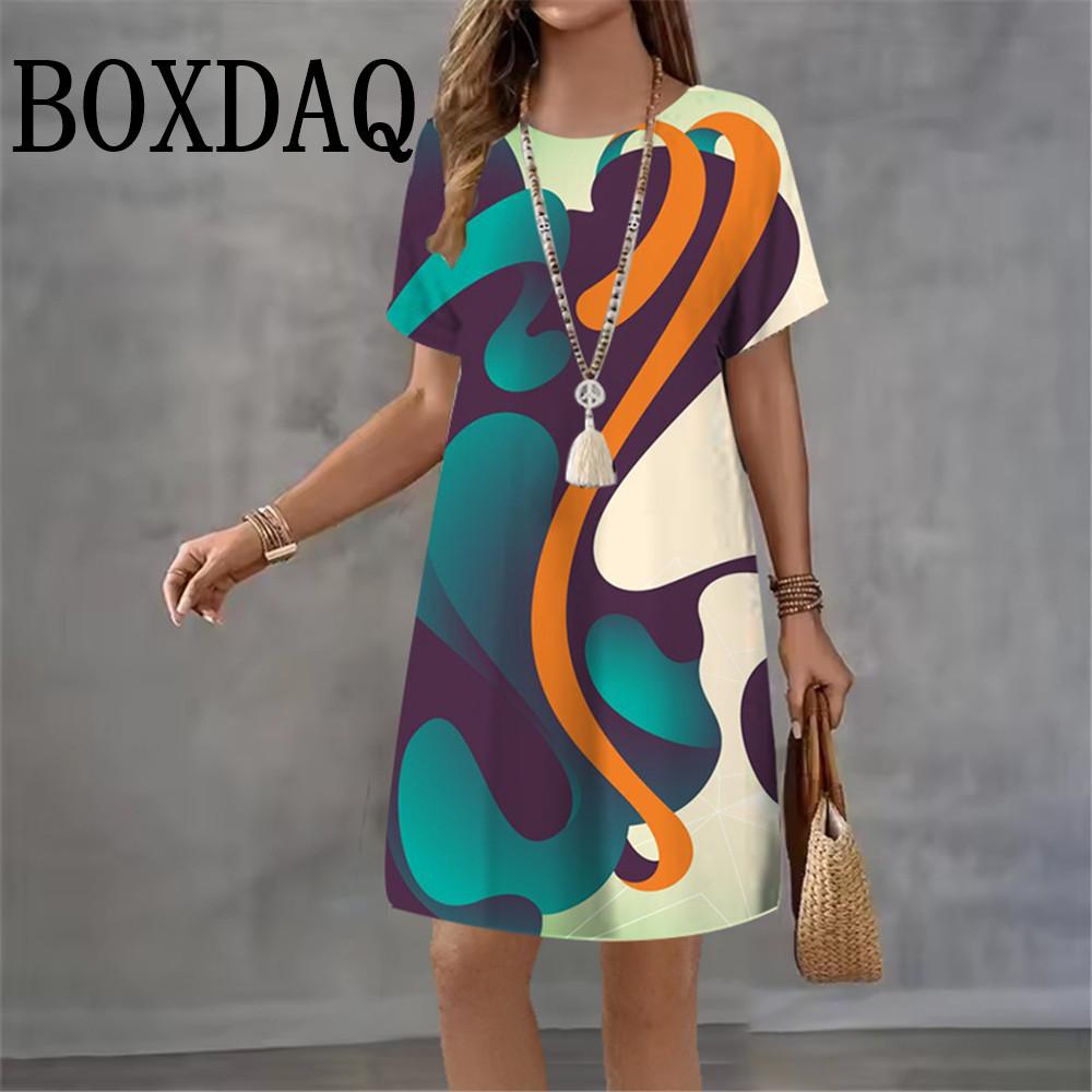 3D Abstract Print Dress Women 2026 New Summer Fashion Short Sleeve Loose Dress Casual O-Neck Ladies Short Dress