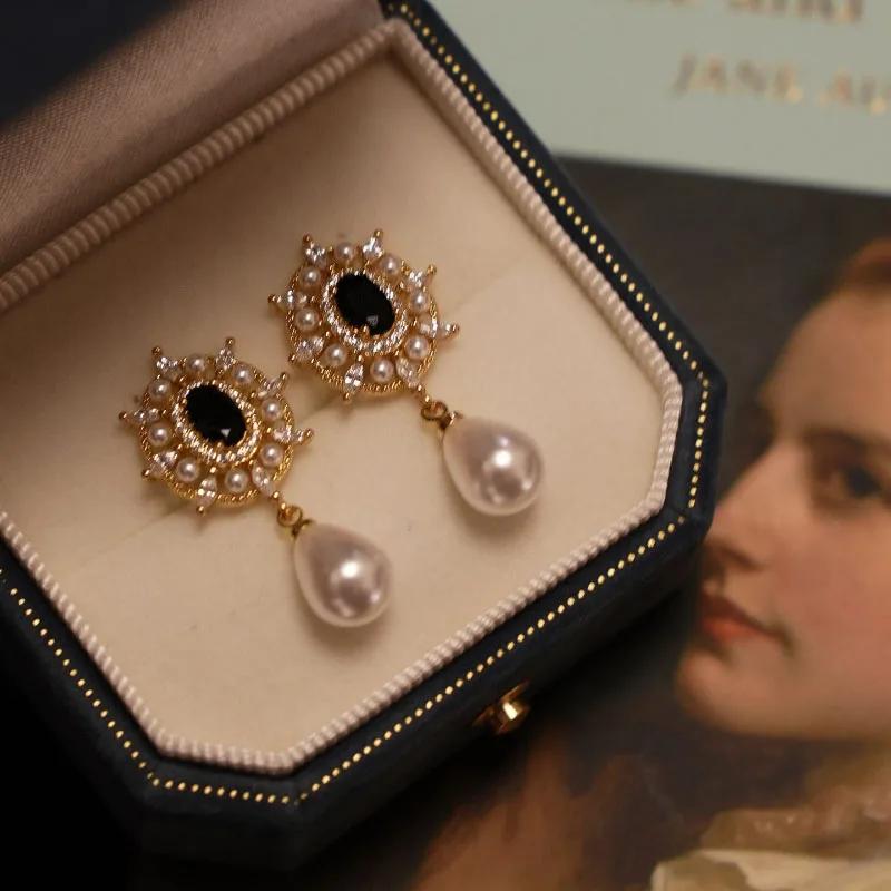 

Высококлассные модные серьги-капли с жемчугом, медные серьги с черными цирконами для женщин, подарок на помолвку, циркон WHITE чёрный