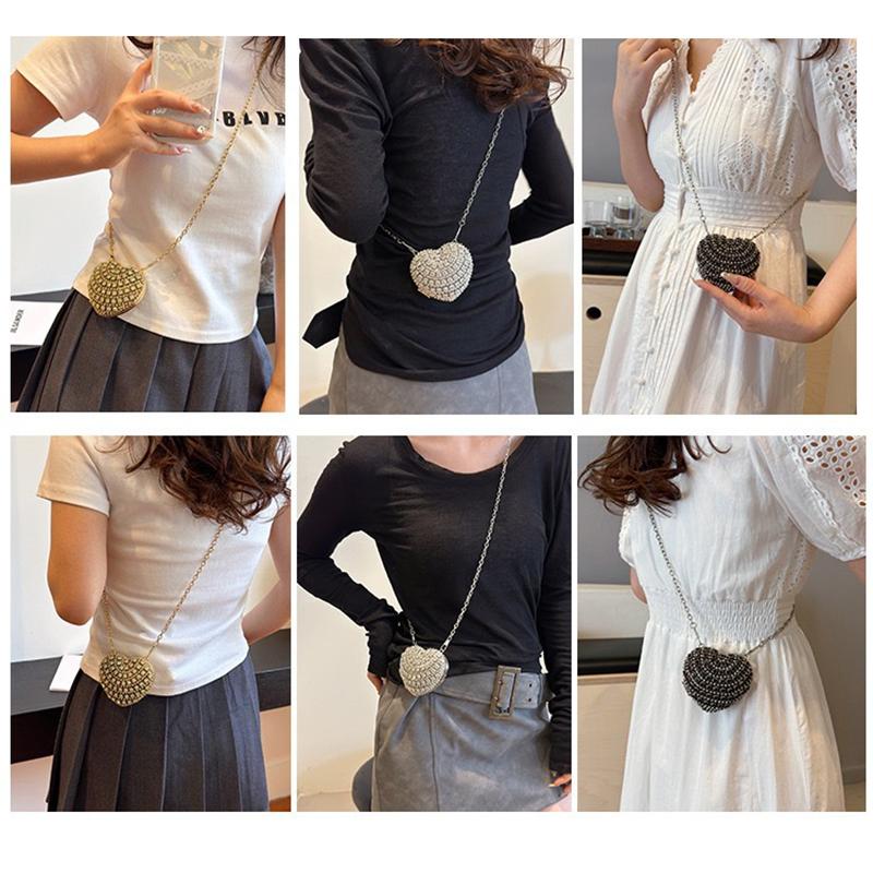 Small Heart-Shaped Rhinestones Evening Bag with Chain for Women Handbag Rhinestones Clutch Purse Crossbody Shoulder Bags