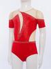 Girls Figure Skating Bodysuit Short Sleeve Cutout Back Sheer Mesh Patchwork Shiny Rhinestones Metallic Dancewear