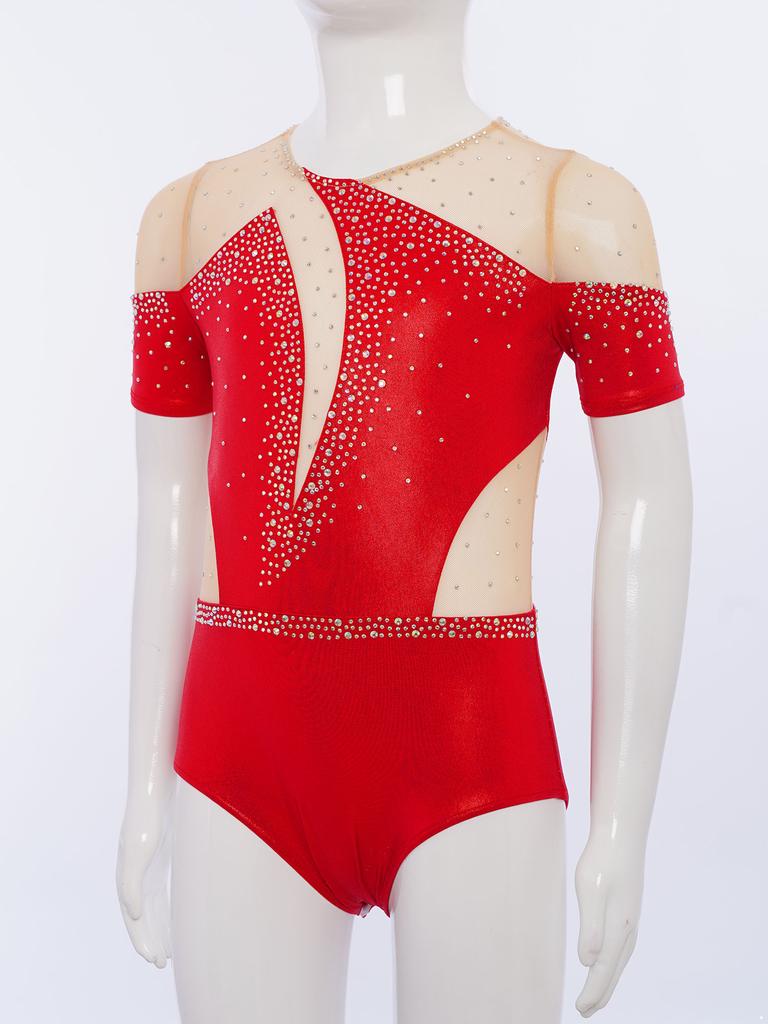 Girls Figure Skating Bodysuit Short Sleeve Cutout Back Sheer Mesh Patchwork Shiny Rhinestones Metallic Dancewear