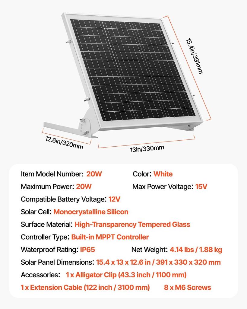 20W 12V Solar Battery Trickle Charger Maintainer, Mono Solar Panel Battery Charger with Built-in MPPT Controller & Adjustable Mount Bracket, IP65