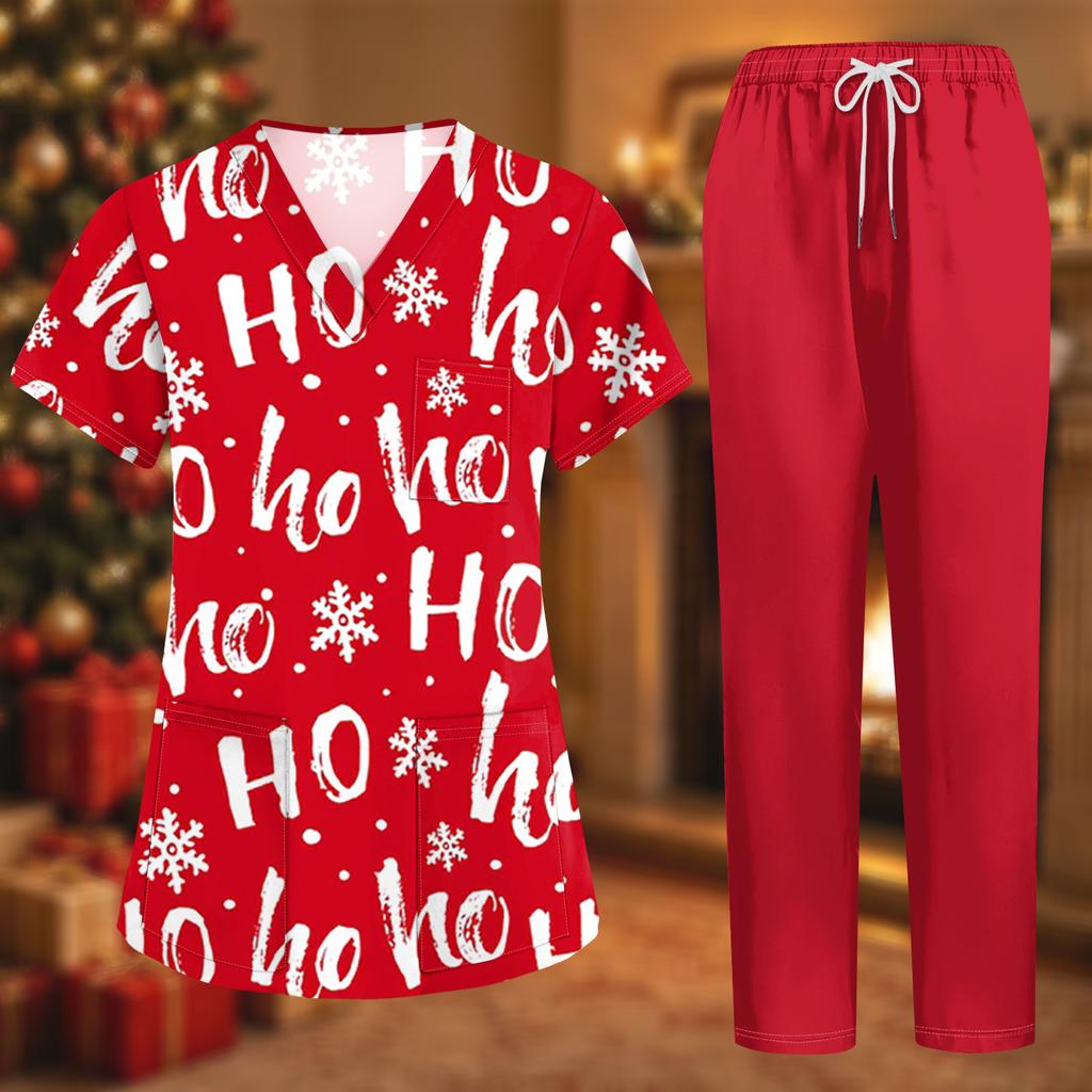 Women's Uniform Set with Short Sleeve Christmas Print Top and Pants, Two Piece Caregiver with Pockets