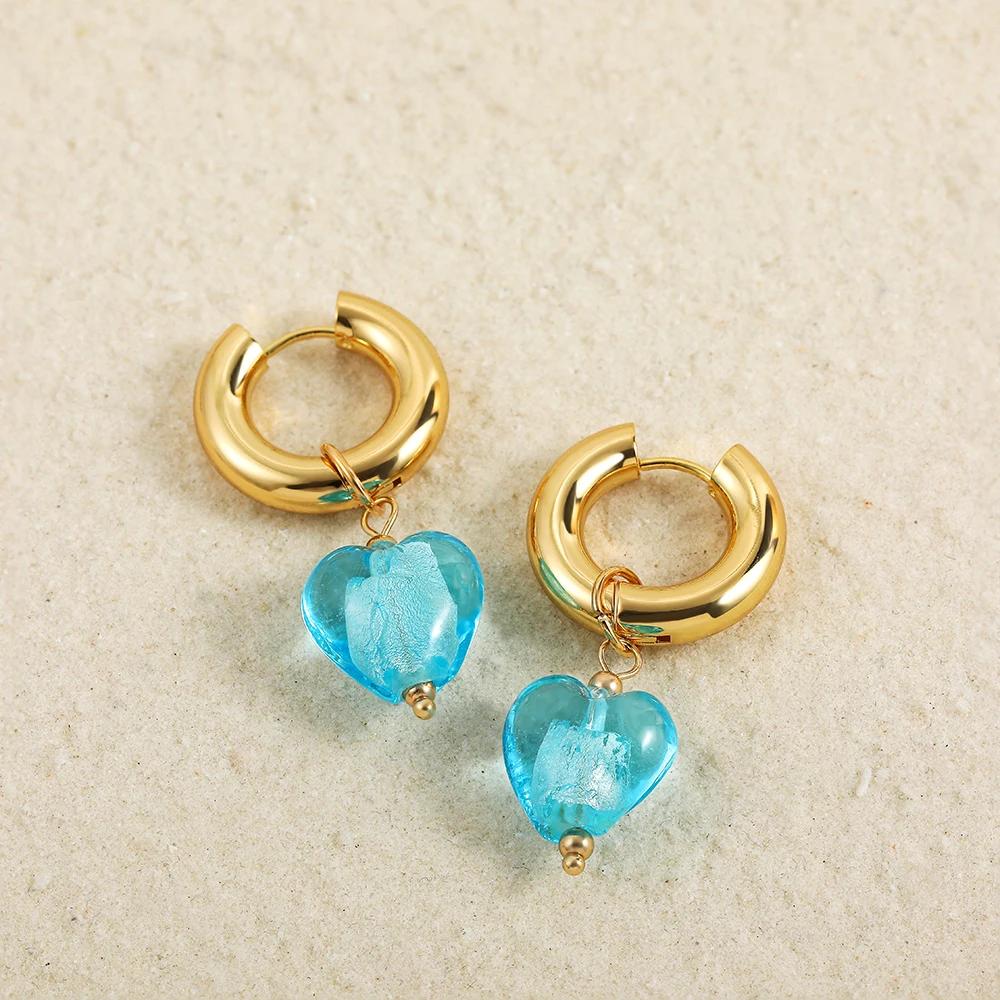 Colorful Glass Heart-shaped Pedant Drop Earrings For Women Stainless Steel Round Circle Hoop Hanging Earring Minimalist Jewelry