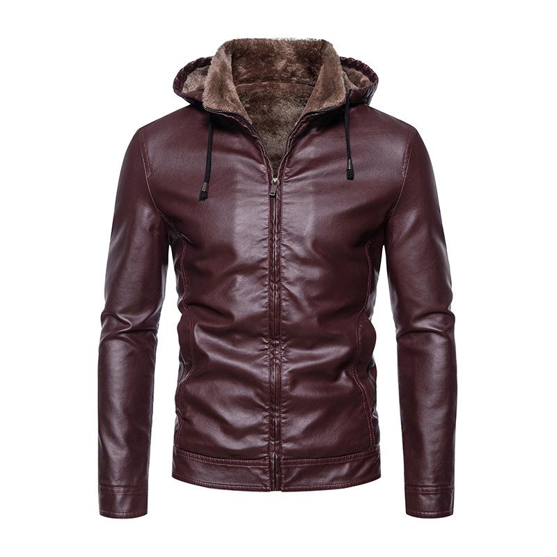 Men's Leather Jacket Autumn and Winter Korean Style Leather Jacket Men's Fur One-piece Pu Jacket Plus Velvet Thickened Dad Jacket Hooded