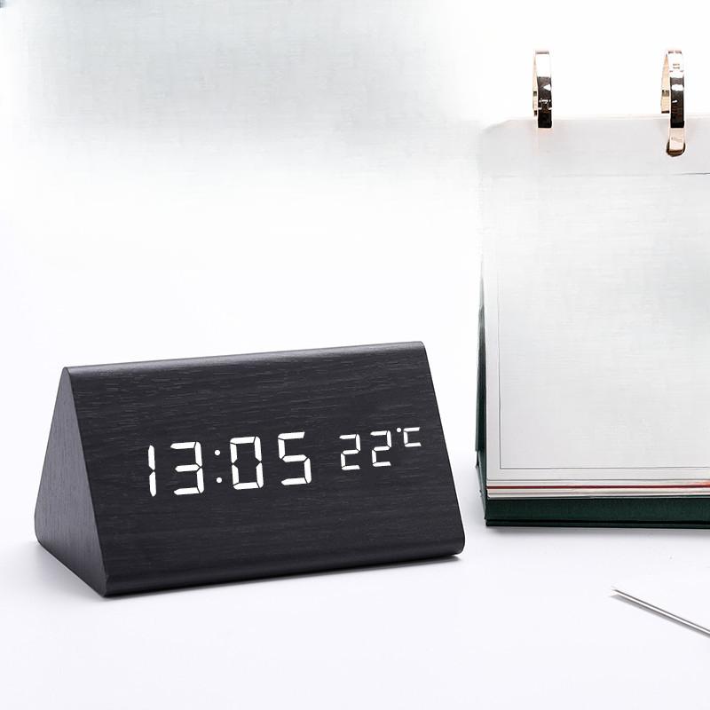 Wooden Clock Thermometer Electronic Clock Creative Wooden Student Alarm Clock Triangle Digital Clock