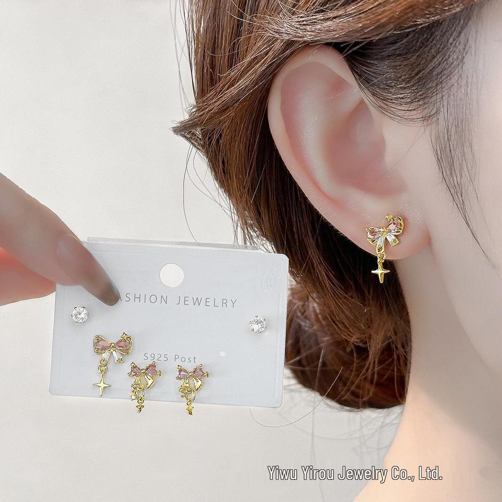 S925 Silver Pink Bow & Star Zircon Stud Earrings - Exquisite Autumn/Winter Style for Women