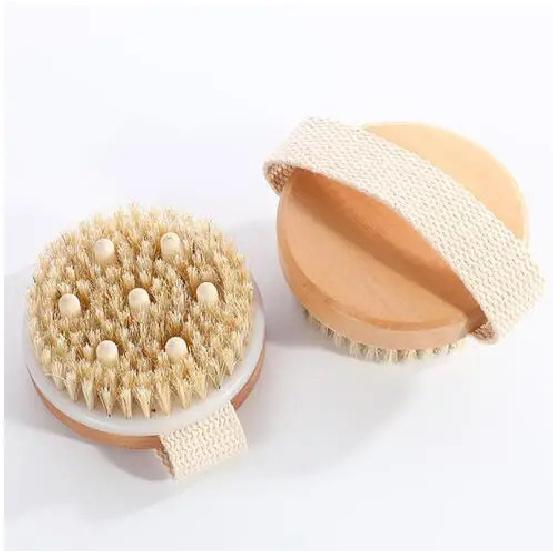 2 In 1 Dry Skin Body Massage Brush Natural Bristle Dead Skin Remover Anti Cellulite Exfoliates Blood Circulation Massage Tools Round (massage)