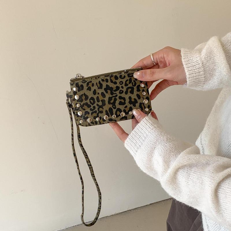 

Neck-hanging mni small square bag, rivet waist, canvas, leopard print bag, autumn and winter suede lipstick, change bag, women