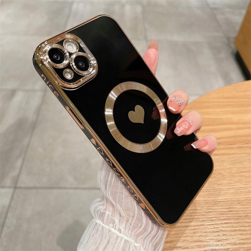 Custodia di lusso Magsafe Magnetica Placcata con Cuore d'Amore per iPhone 11 12 13 14 15 16 Pro Max X XR XS Plus Cover per Ricarica Wireless