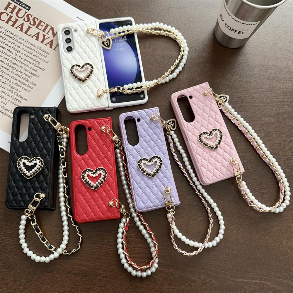Leather Love Heart Hand Chain Case For Samsung Z Fold 5 4 3 Pearl Cover For Galaxy Z fold 4 z fold3 Soft Shockroof Case