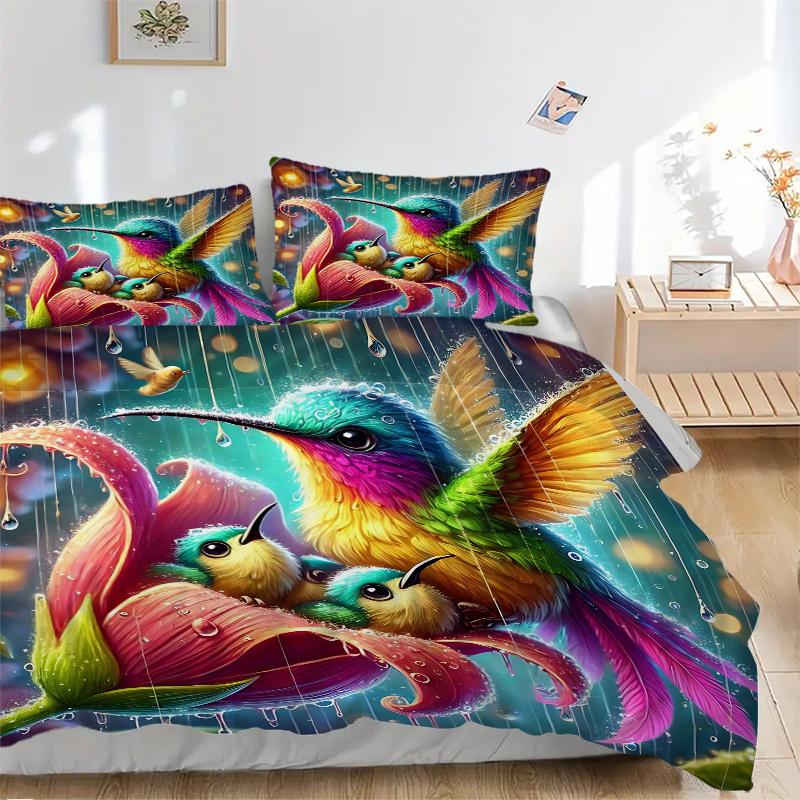 3pcs Rainbow Hummingbirds Bedding Set - Includes 1 Quilt Cover and 2 Pillowcases, Comfortable Bedding with Stylish Design for Bedroom, Machi