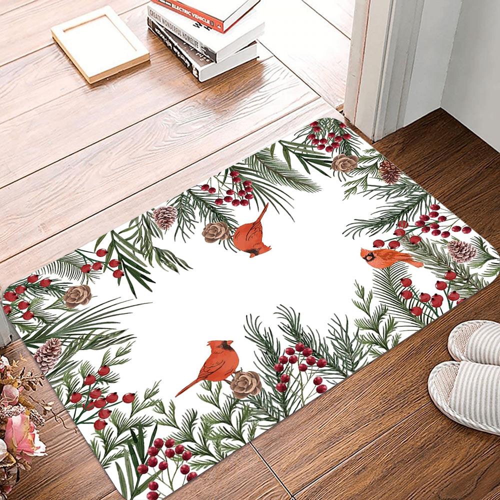 Winter Pine Cone Cardinal Birds Doormat Anti-Slip Entryway Rug Washable Bedroom Kitchen Bath Mat Polyester Home Decor Carpet