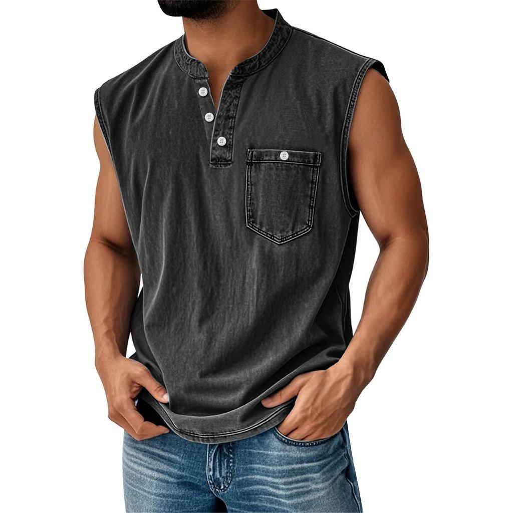 Canotta da uomo senza maniche con scollo Henley, abbottonatura e taschino sul petto, vestibilità casual ampia, maglietta estiva