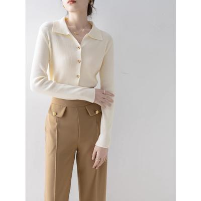 Lapel Knitted Cardigan Women's Early Autumn New Solid Color Lapel Top Long Sleeve Fashion Temperament Sweater Women