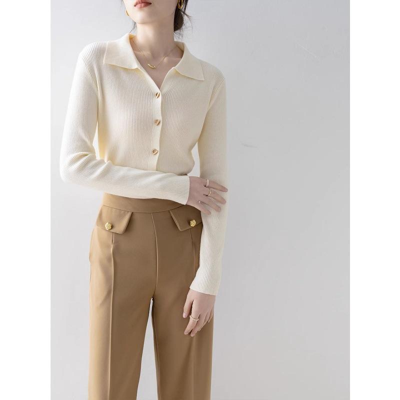 Lapel Knitted Cardigan Women's Early Autumn New Solid Color Lapel Top Long Sleeve Fashion Temperament Sweater Women