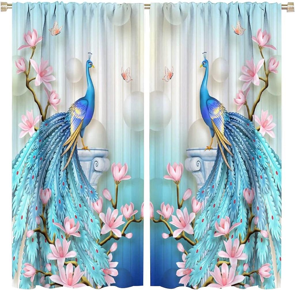 2pcs Golden Peacock Printed Polyester Fiber Chinese Style Curtains, Suitable For Bedroom Office Kitchen Living Room Study Hoom