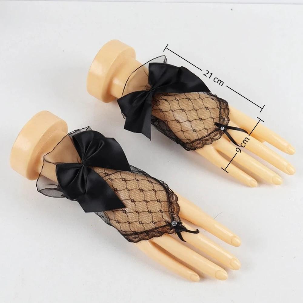 1 Pair Mesh Hollow Mesh Hand Sleeves with Handmade Ribbon Bow Bride Sheer Gloves  Bridal Wear