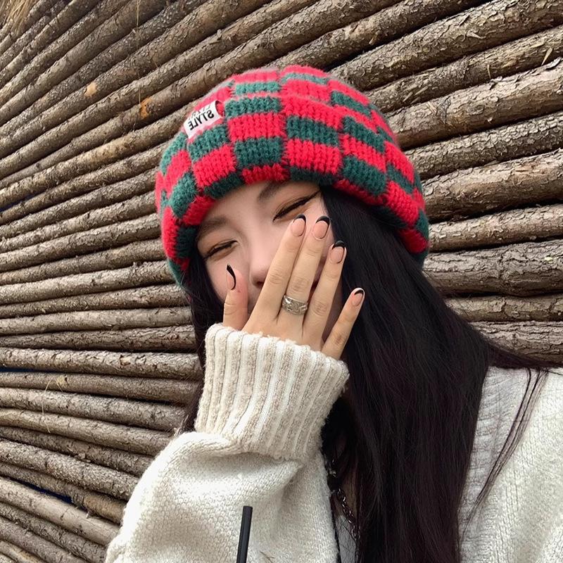 Herbst- und Wintermütze aus Wolle mit Schachbrettmuster für großen Kopfumfang, japanischer Retro-Stil, lässig, für Paare, warm, für Herbst und Winter
