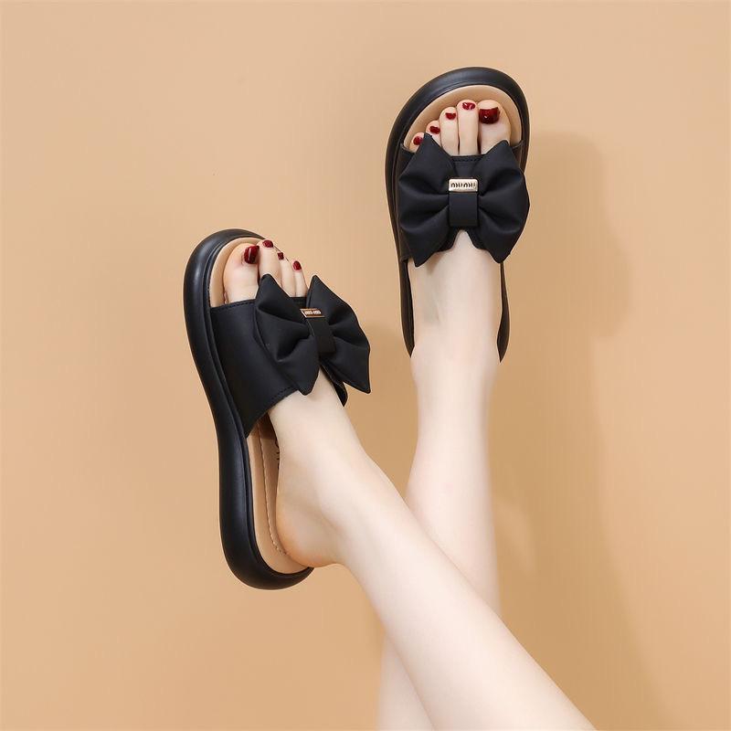 Women's Slide Sandals Flat Slip On Bow Accent Open Toe Casual Comfortable Summer Footwear