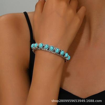 Böhmisches türkisfarbenes offenes Armband, Nahöstliches Retro-Musterarmband, weiblich