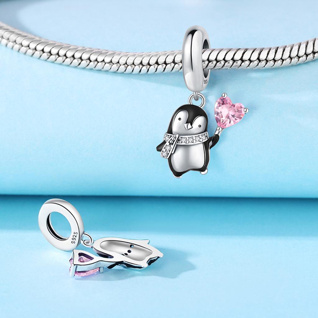 Beads Copper Charms Original Pink Heart Penguin Pendant Beads Fit Bracelet Jewelry Diy Women Fine Gift Accessory