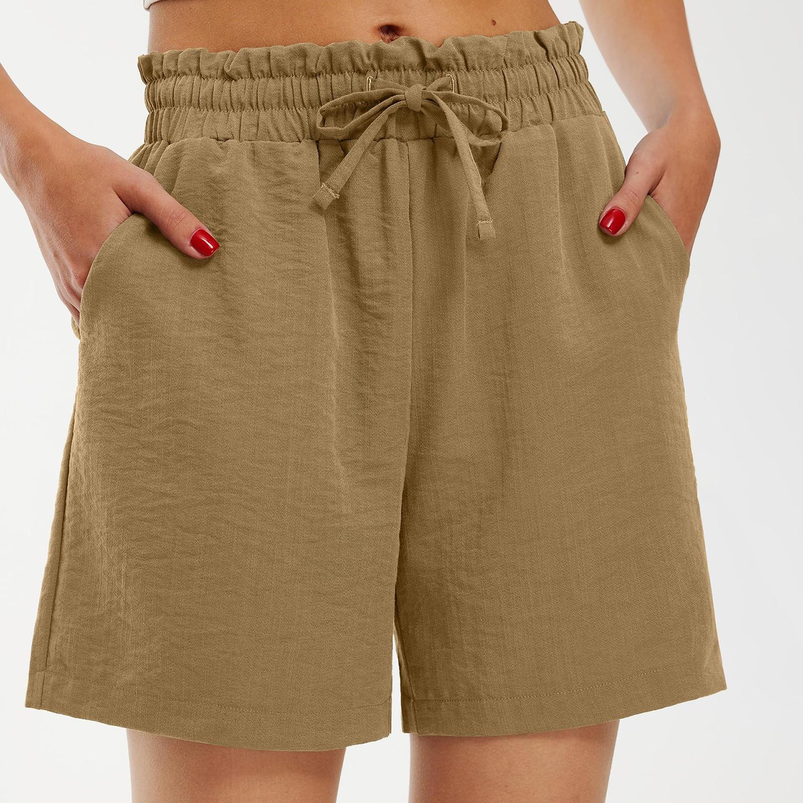

Женские летние шорты, однотонные хлопковые и льняные модные свободные повседневные шорты с высокой талией XL бежевый