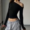 New American Spice Girl Style Black Long Sleeve Skinny Slant Shoulder T-Shirt Women's Commuter Skinny Fashion Versatile Top