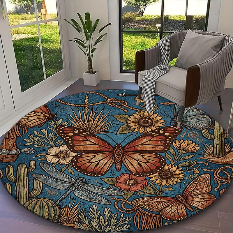 1pc Round Rug Appropriate for Office, Deep Wine Floral Butterfly Carpet, Versatile Printed Chair Rug, Durable Home Sofa Carpet
