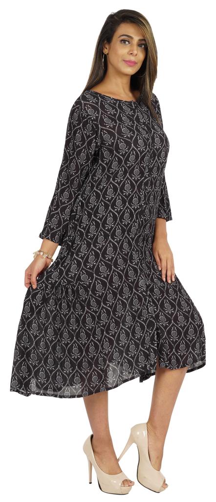 Bimba Printed Flared Midi Dress For Women Rayon Crepe Casual Summer Dress